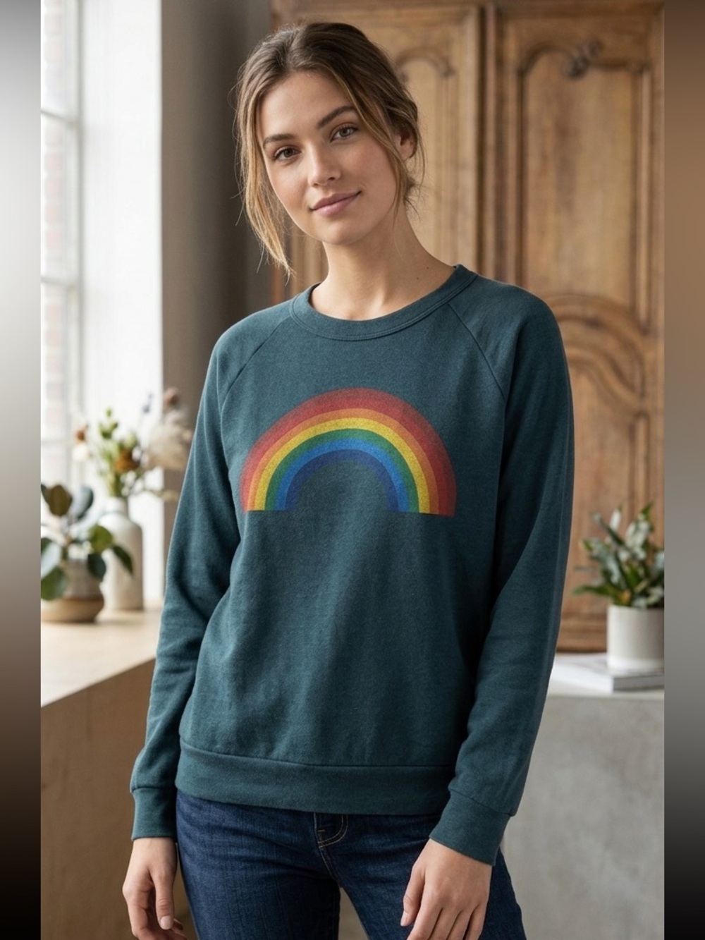 RARE Aviator Nation Rainbow Graphic Crewneck Pullover Sweatshirt Gray size M